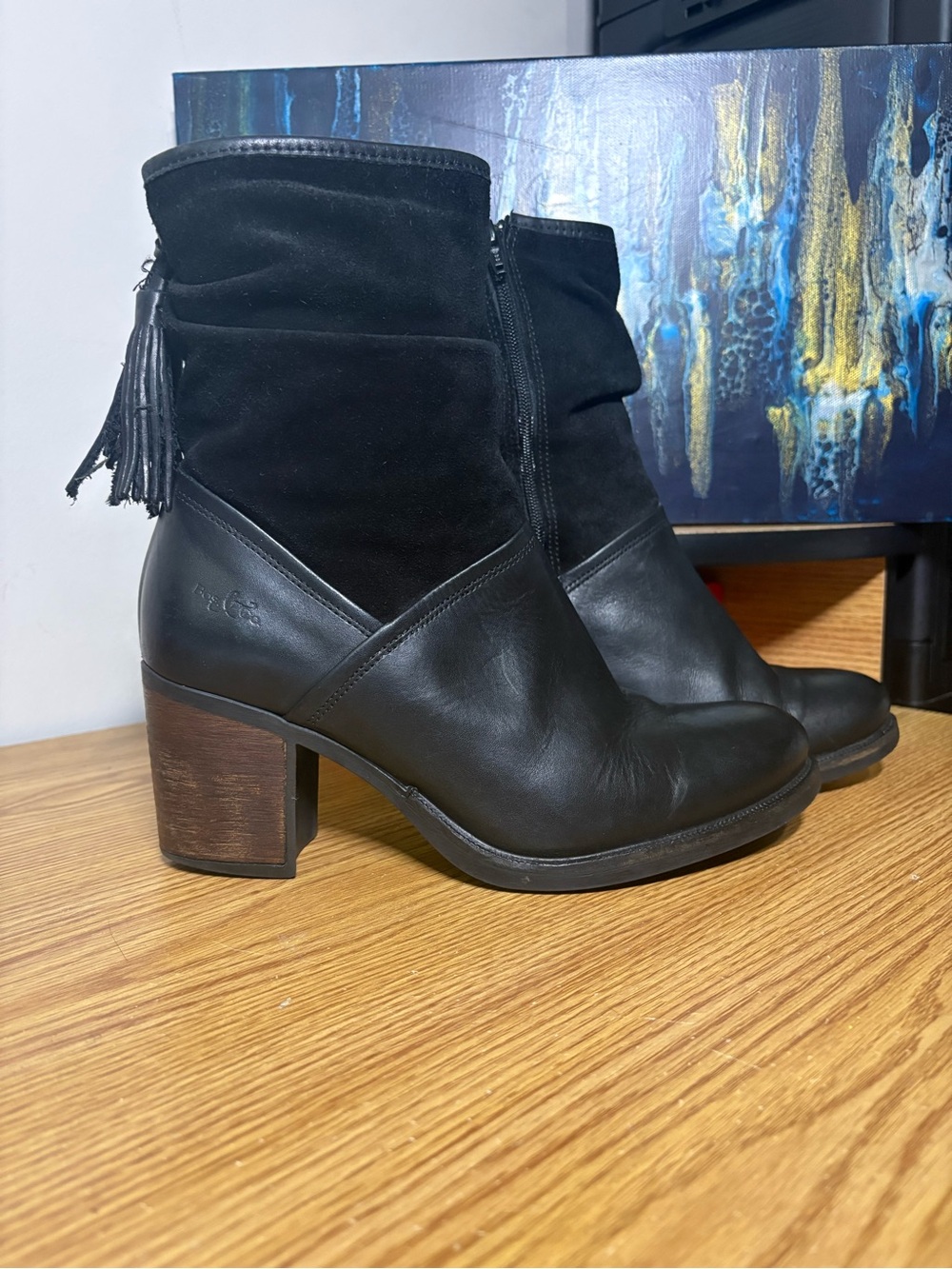 Bos. & Co. Black Leather and Suede Tassel Block Heel Ankle Boots
